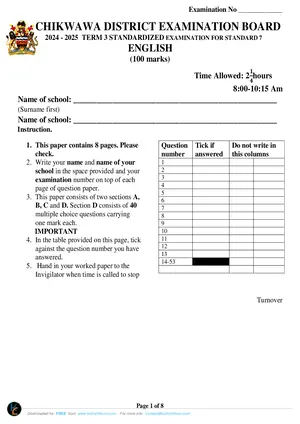 2025 Chikwawa Standard 7 Term 3 English Past Paper - Preview