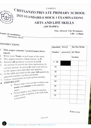 2025 Chitsanzo Mock One PSLCE Arts and Life Skills - Preview