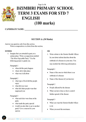 2025 DZIMBIRI SCHOOL Standard 7 Term 3 English Exams Past Paper - Preview