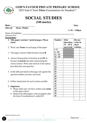 2025 God's Favour Std 7 Term 3 Social and Religious Past Paper - Preview
