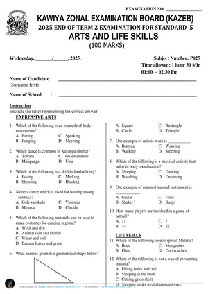 2025 Kawiya Zone Standard 5 Term 2 Arts and Life Skills Past Paper - Preview