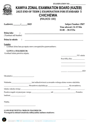 2025 Kawiya Zone Standard 5 Term 2 Chichewa Past Paper - Preview