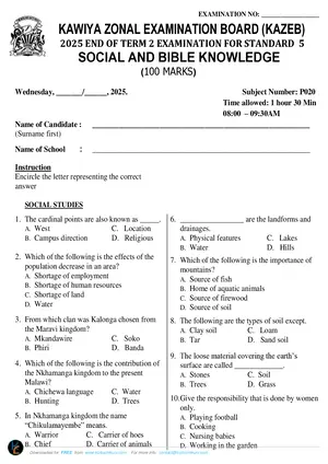 2025 Kawiya Zone Standard 5 Term 2 Social and Religious Studies Past Paper - Preview