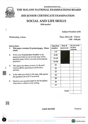 2025 MANEB JCE Social and Life Skills - Preview