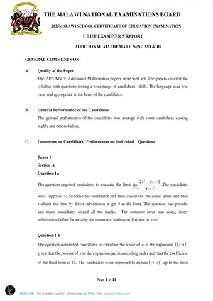 2025 MANEB MSCE Additional Mathematics Chief Examiner's Report - Preview
