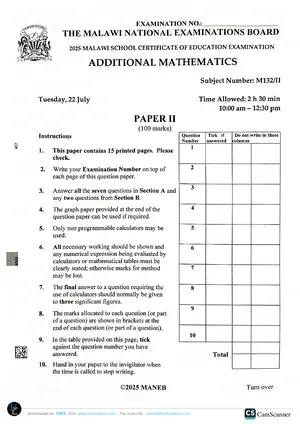 2025 MANEB MSCE Additional Mathematics Paper II - Preview