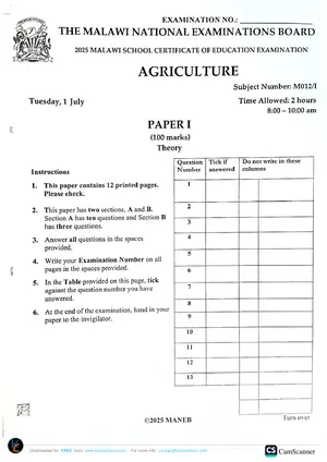 2025 MANEB MSCE Agriculture Paper 1 Past Paper - Preview