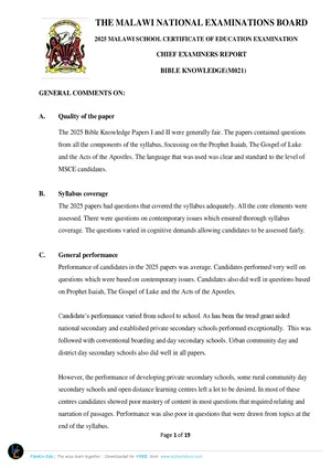 2025 MANEB MSCE Bible Knowledge Chief Examiner's Report - Preview