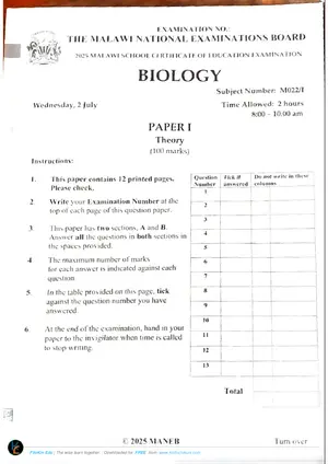 2025 MANEB MSCE Biology Paper I Past Paper - Preview