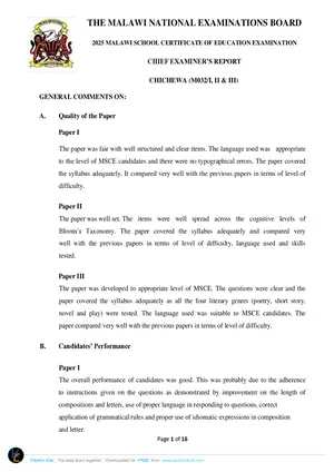 2025 MANEB MSCE Chichewa Chief Examiner's Report - Preview