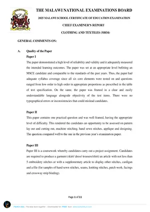 2025 MANEB MSCE Clothing and Textiles Chief Examiner's Report - Preview