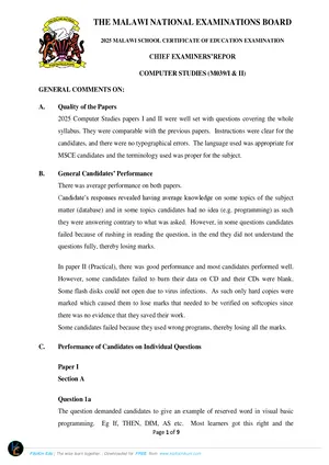 2025 MANEB MSCE Computer Studies Chief Examiner's Report - Preview