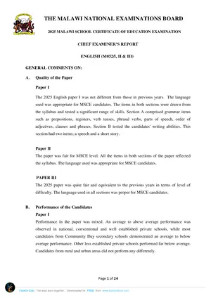 2025 MANEB MSCE English Chief Examiner's Report - Preview