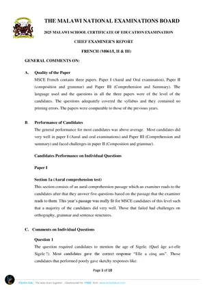2025 MANEB MSCE French Chief Examiner's Report - Preview