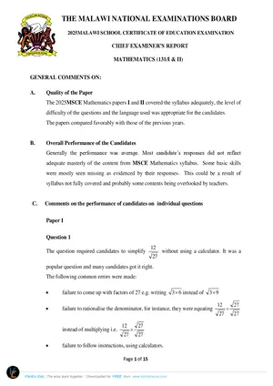 2025 MANEB MSCE Mathematics Chief Examiner's Report - Preview