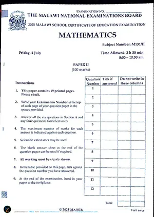 2025 MANEB MSCE Mathematics Paper II Past Paper - Preview