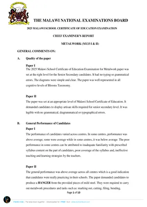 2025 MANEB MSCE Metalwork Chief Examiner's Report - Preview