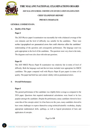 2025 MANEB MSCE Physics Chief Examiner's Report - Preview