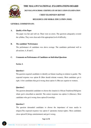 2025 MANEB MSCE Religious and Moral Education Chief Examiner's Report - Preview