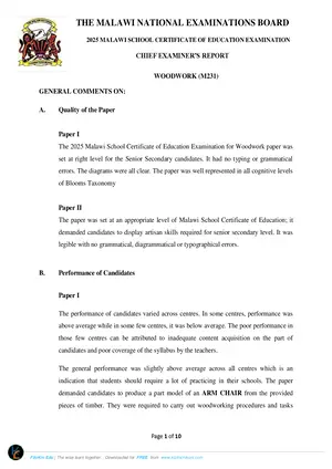 2025 MANEB MSCE Woodwork Chief Examiner's Report - Preview