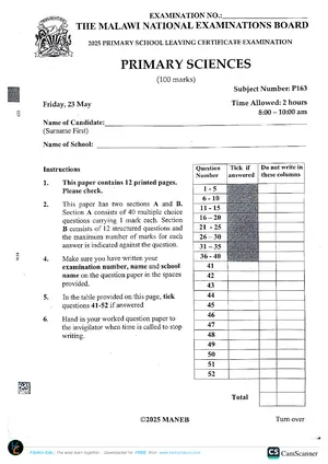 2025 MANEB PSLCE Primary Science Past Paper - Preview