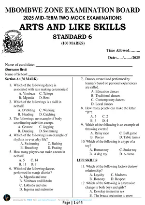 2025 MBOMBWE Standard 6 Midterm Term 2 Arts and Life Skills Past Paper - Preview