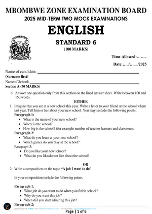 2025 MBOMBWE Standard 6 Midterm Term 2 English Past Paper - Preview
