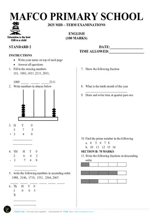 2025 Mafco Standard 5 Mid-Term Mathematics - Preview