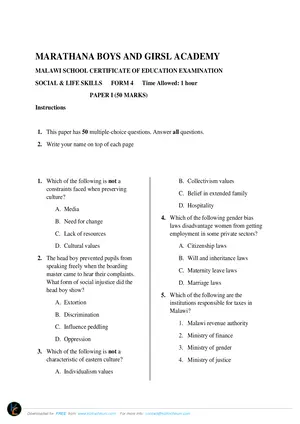 2025 Maranatha MSCE Social and Life Skills Paper I Mock - Preview