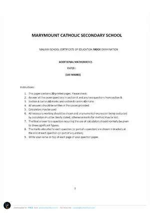 2025 MaryMount MSCE Additional Mathematics Paper 1 - Preview