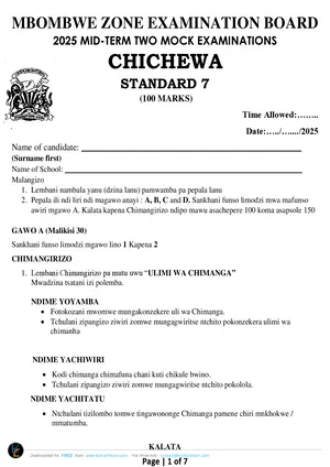 2025 Mbombwe Standard 7 Mid-term 2 Chichewa Past Paper - Preview
