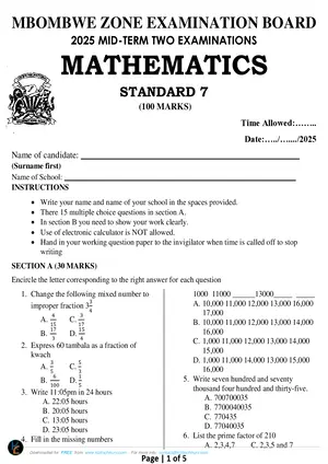 2025 Mbombwe Standard 7 Mid-term 2 Mathematics Past Paper - Preview