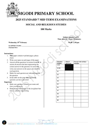 2025 Mgodi Standard 7 Mid-term 2 Social and Religious Studies Past Paper - Preview