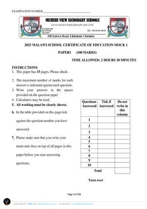 2025 Michiru View MSCE Additional Mathematics Paper I - Preview