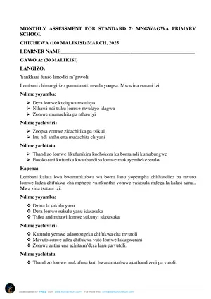2025 Mngwangwa Standard 7 Test 2 Chichewa Past Paper - Preview
