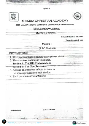 2025 Mzimba Christian Academy MSCE Bible Knowledge Paper II Mock 7 - Preview