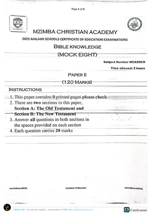 2025 Mzimba Christian Academy MSCE Bible Knowledge Paper II Mock 8 - Preview