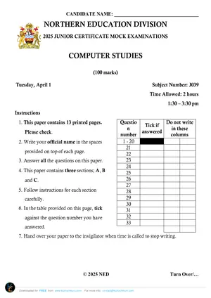 2025 NED JCE Computer Studies Mock with answers - Preview