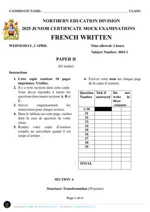 2025 NED JCE French Paper II Mock Past Paper - Preview