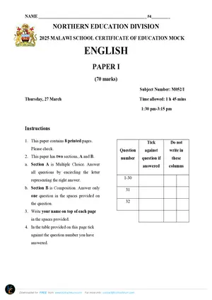 2025 NED MSCE (Form 4) Mock English Paper I with Answers - Preview