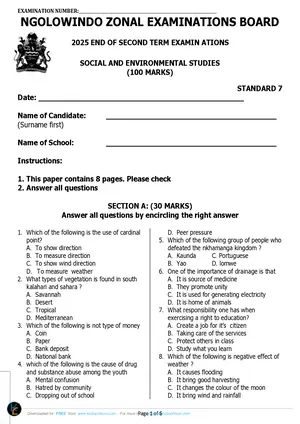 2025 Ngolowindo Standard 7 Term 1 Social and Bible Knowledge Past Paper - Preview