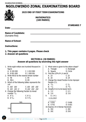 2025 Ngolowindo Zone Standard 7 Term 1 Mathematics Past Paper - Preview