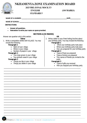2025 Nkhamenya Standard 5 Pre-Exam Term 3 English Past Paper - Preview