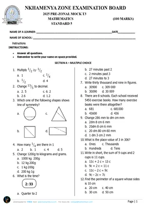 2025 Nkhamenya Standard 5 Pre-Exam Term 3 Mathematics Past Paper - Preview