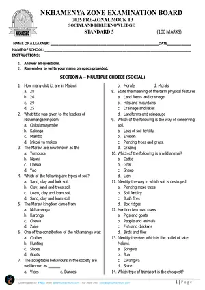 2025 Nkhamenya Standard 5 Pre-Exam Term 3 Social and Religious Studies Past Paper - Preview