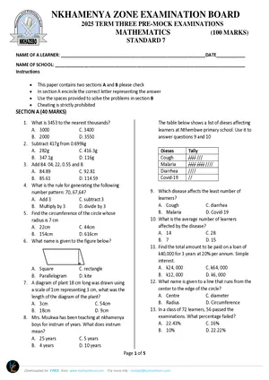 2025 Nkhamenya Standard 7 Term 3 (Pre-Exam) Mathematics Past Paper - Preview