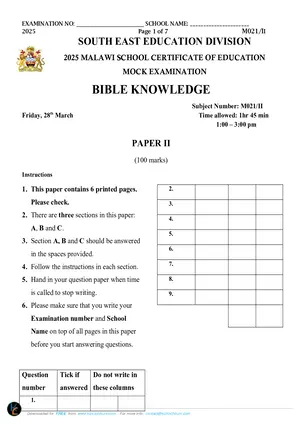 2025 SEED MSCE Bible Knowledge Paper II Mock - Preview