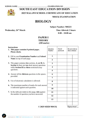 2025 SEED MSCE Biology Paper I Mock - Preview
