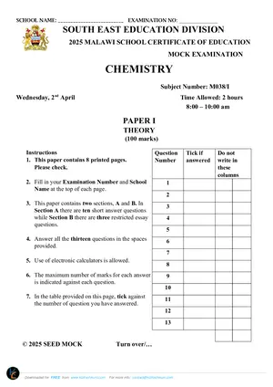 2025 SEED MSCE Chemistry Paper I Mock - Preview