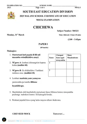 2025 SEED MSCE Chichewa Paper I Mock - Preview